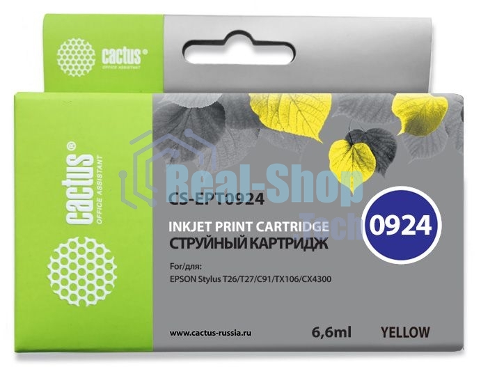 Картридж струйный Cactus CS-EPT0924 (T0924) желтый (6,6 мл) для Epson Stylus C91/CX4300/T26/T27/TX106/TX109