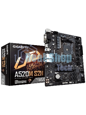 Материнская плата Gigabyte A520M S2H, AM4, AMD A520, 2xDDR4, 4xSATA, 1xM.2, 1xPCIe 3.0 x16, 2xPCIe x1, 1xHDMI, 1xDVI-D, 1xVGA, 1x 1Gb LAN, 4xUSB-A 3.2 Gen 1, 2xUSB-A 2.0, 3x3.5 мм, 7.1, mATX