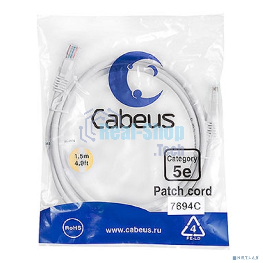 Шнур комм. Cabeus, кат. 5е, неэкр., U/UTP, RJ45/RJ45, PVC, AWG24, 1.5м, белый