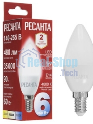 Лампа светодиодная Ресанта LL-R-C37-6W-230-4K-E14 свеча, 6 Вт, нейтр., Е14