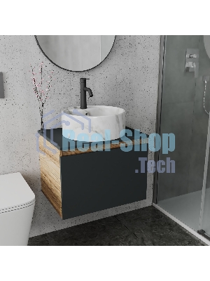 Комплект: тумба Bau Dream Blackwood графит 60, 1 ящик, раковина круглая накладная BAU Element D41, мрамор, смеситель Hotel Dream Black, черный матовый