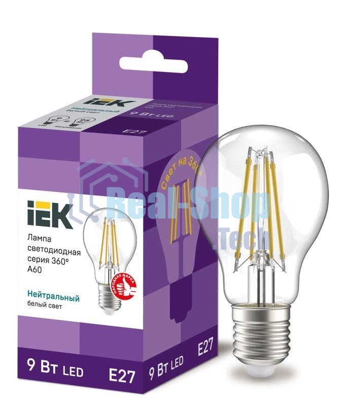 Лампа cветодиодная LED A60 шар прозр. IEK LLF-A60-9-230-40-E27-CL 9Вт 230В 4000К E27 серия 360°
