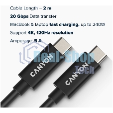 Кабель CANYON UC-42, USB4 TYPE-C to TYPE-C cable assembly 20G 2m 5A 240W(ERP) with E-MARK, CE, ROHS, черный