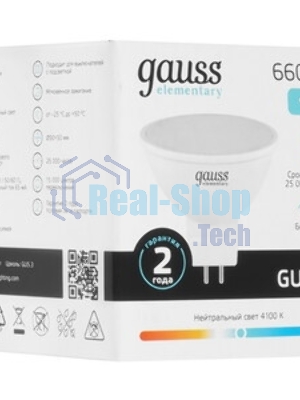 Лампа светодиодная Gauss Elementary MR16 9Вт цок.: GU5.3 спот 220B 4100K св. свеч. белый нейт. MR16 (упак.: 10 шт)