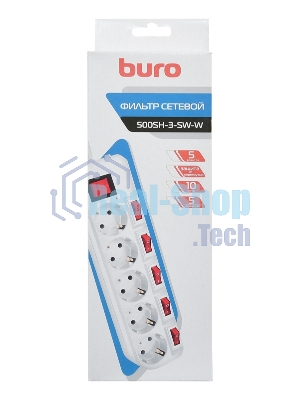 Сетевой фильтр Buro 500SH-3-SW-W 3 м, 5 розеток, белый, коробка