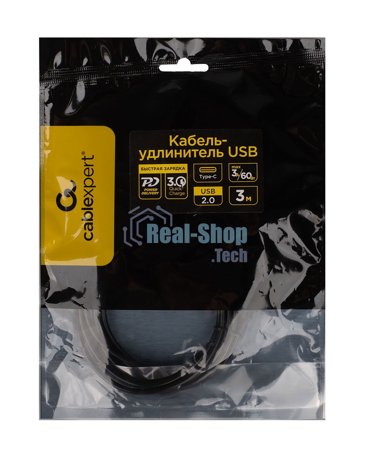 Кабель-удлинитель USB2.0 Cablexpert CCP-USB2-CMCF-3M, Type-C(М)/Type-C(F), 3А, 60Вт, PD/QC3.0, медь, Pro, 3м, черный, пакет