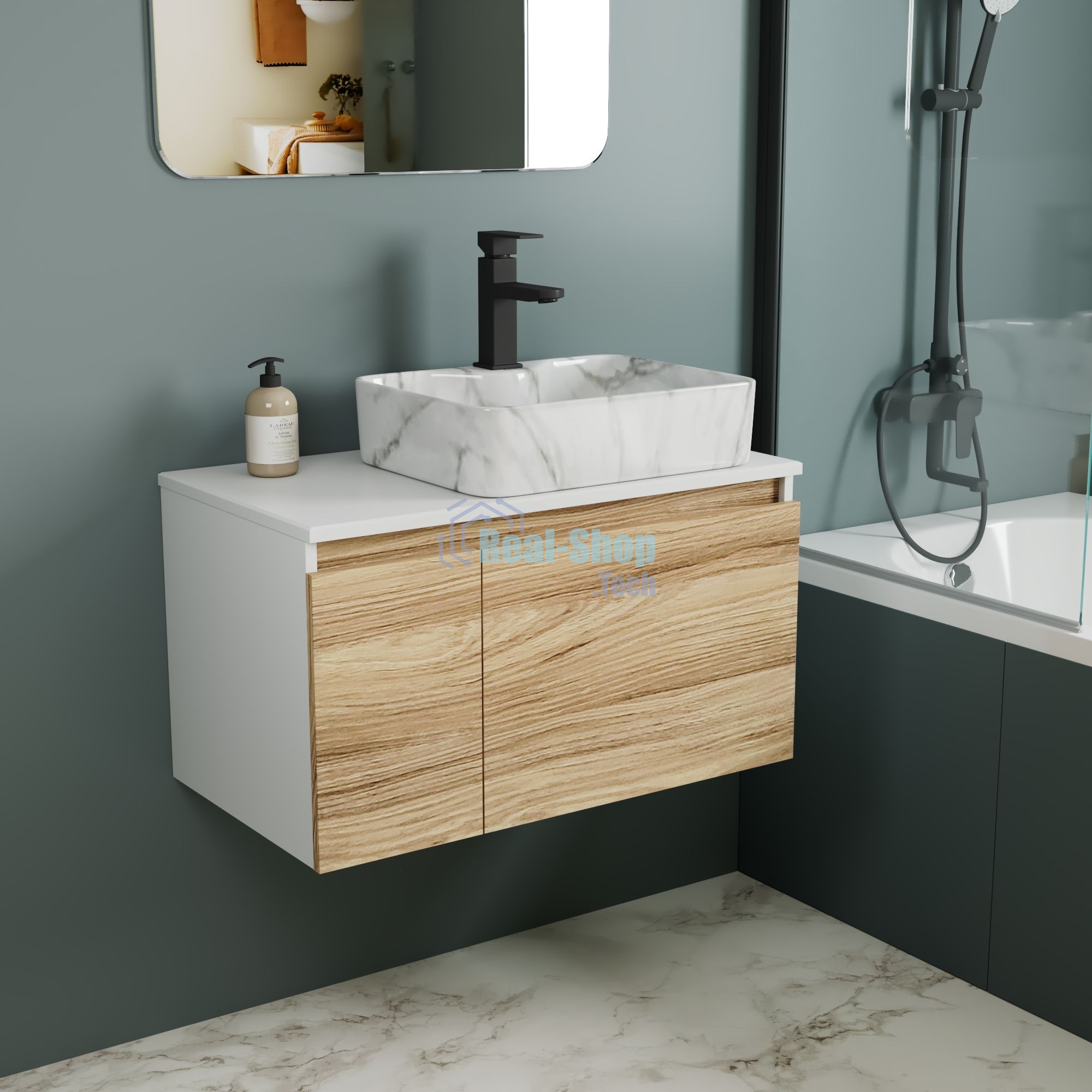 Комплект: тумба Bau Dream Blackwood 80, раковина прямоугольная BAU Cerama 48х37, мрамор, смеситель Hotel Black, черный матовый