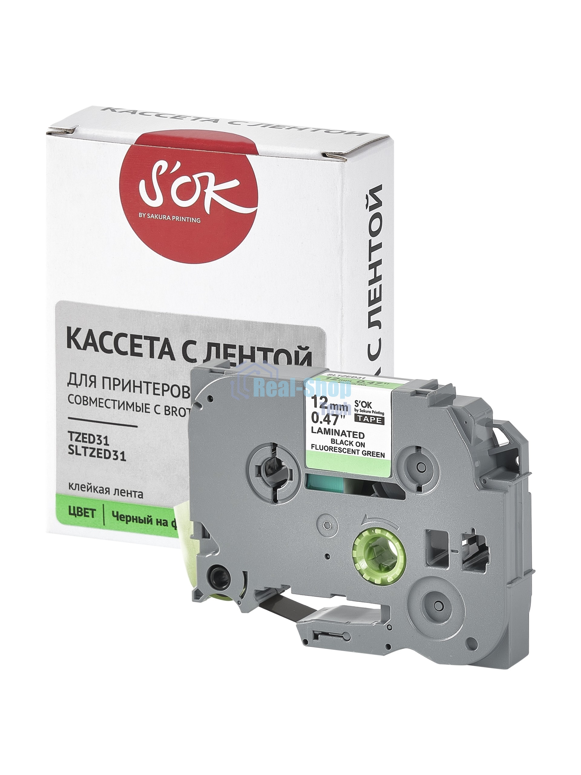 Кассета с лентой S'OK by Sakura Printing TZED31 для Brother, черный на зеленом, 12мм/8м, наклейка
