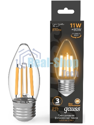 Лампа филам. Gauss Filament 11Вт цок.:E27 свеча св.свеч.белый теп. (упак.:10шт) (103802111)