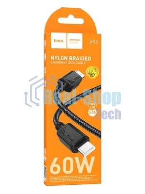 Кабель USB2.0 Hoco Type-C/Type-C, 3А, 60Вт, нейлоновая оплетка, X113, 1м, черный, коробка