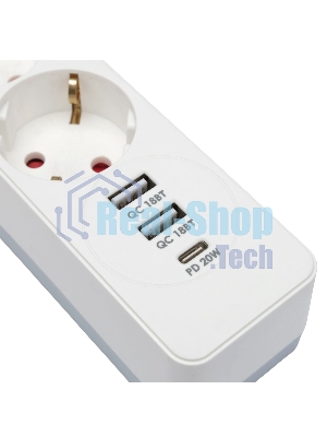 Сетевой фильтр Гарнизон EPS-OP-4-CU2-W-2 2.0 Мультипорт 4 р, 10А, 1xType-C PD, 2 х USB QC, 4 м, ур.защиты 4+, белый, пак (21449)