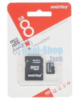 Флеш карта microSD 8Gb, Smartbuy microSDHC Class 4 (SD адаптер)