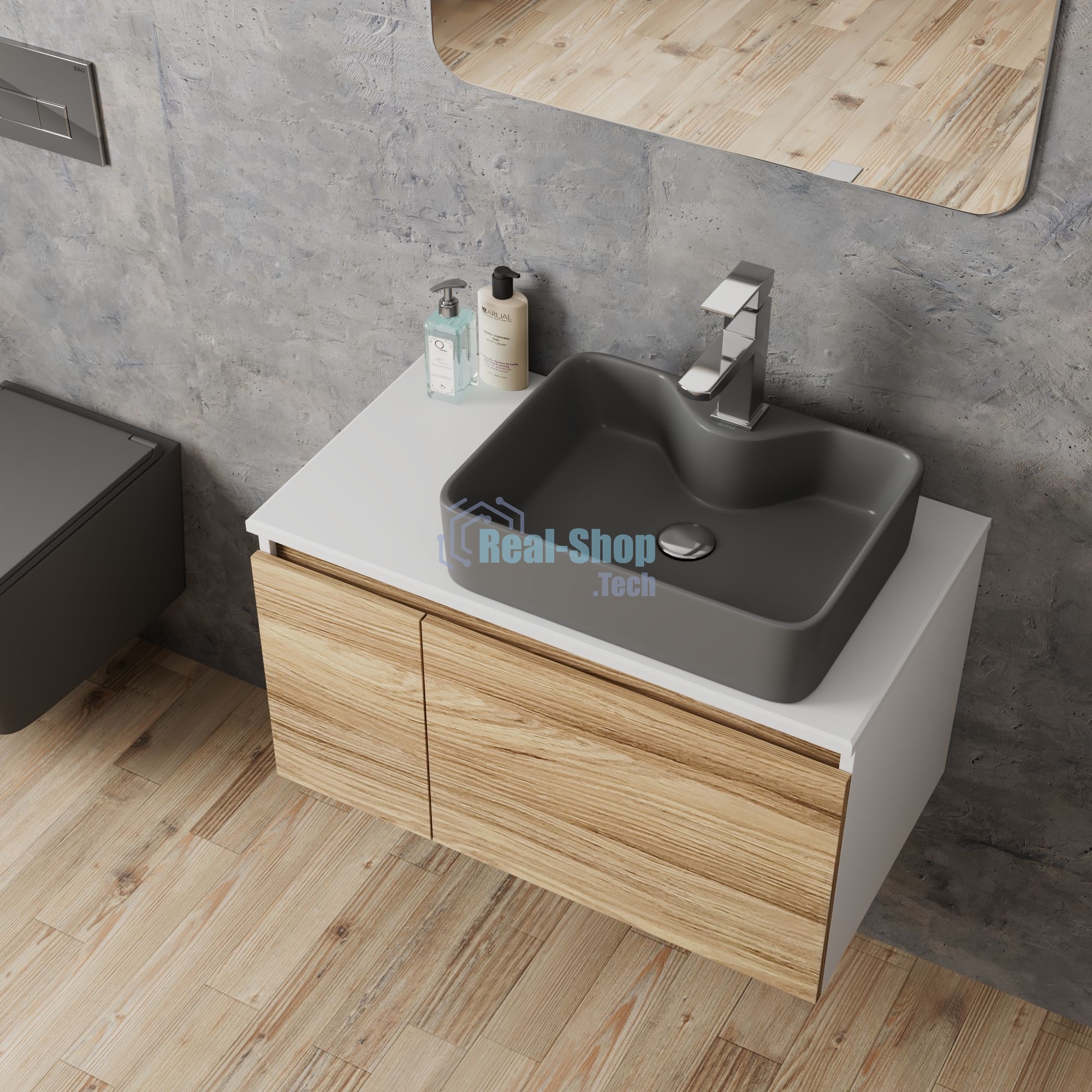 Комплект: тумба Bau Dream Blackwood 80, раковина BAU Cerama 48х37, темно-серая, смеситель Hotel Stil, нерж сталь, выпуск клик клак хром