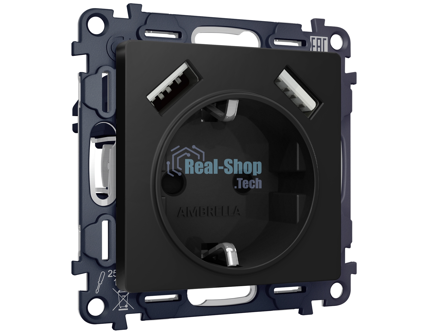 Комплект механизма электрической розетки ALFA Черный матовый 2USB A+A 18W (быстрая зарядка) с/з QUANT (AP8090, VM155) MA809010
