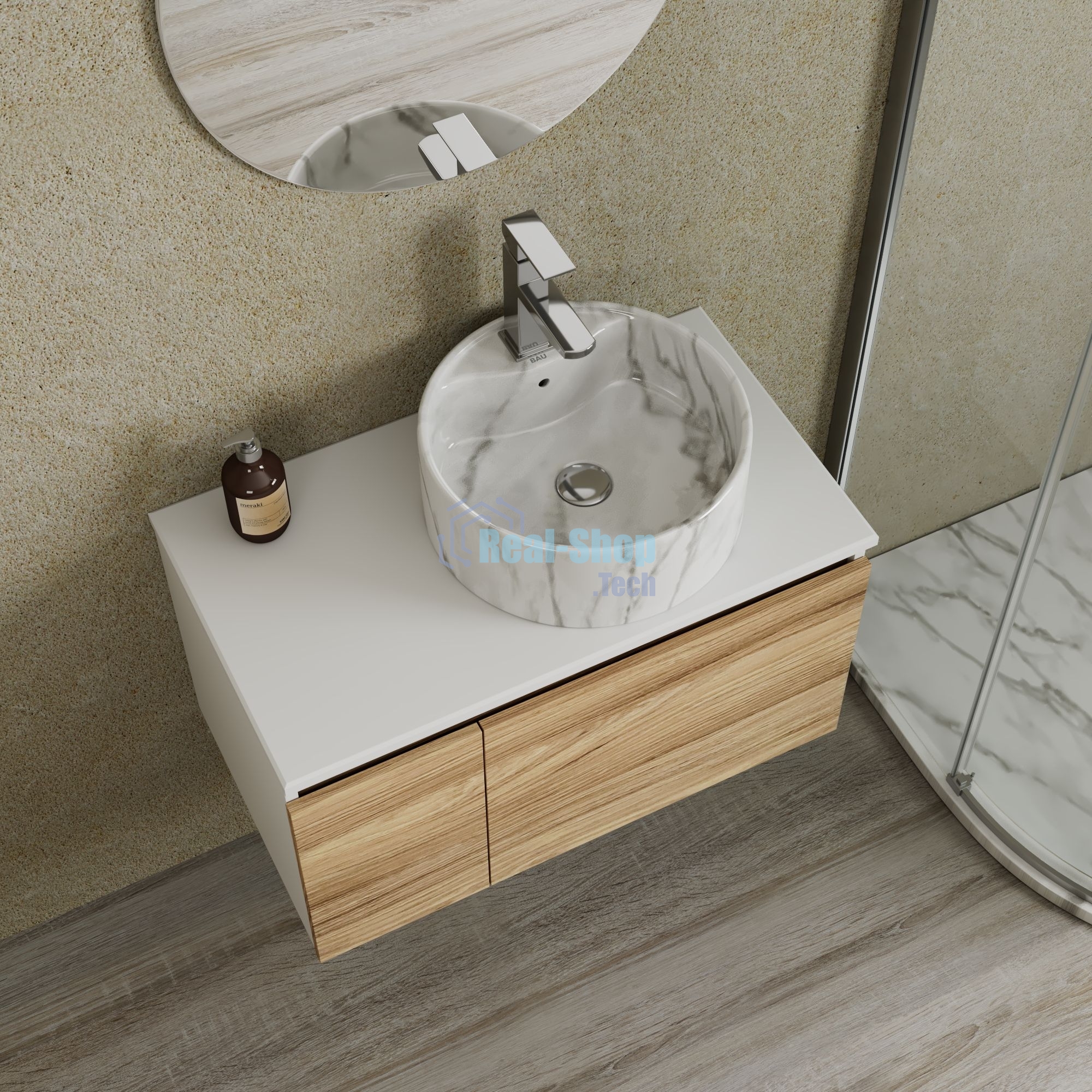 Комплект: тумба Bau Dream Blackwood 80, Раковина круглая накладная BAU Element D41, мрамор, смеситель Hotel Stil, нерж сталь, выпуск клик клак хром