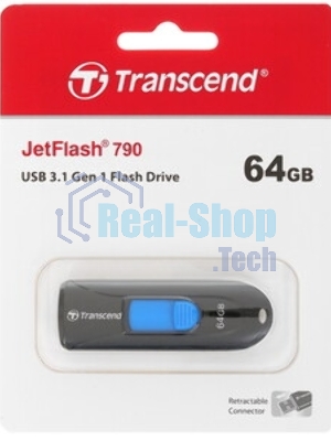Флешка USB Transcend JetFlash 790 (TS64GJF790K), 64 Gb, USB 3.0, R/W 90/40, черный/синий