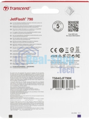 Флешка USB Transcend JetFlash 790 (TS64GJF790K), 64 Gb, USB 3.0, R/W 90/40, черный/синий