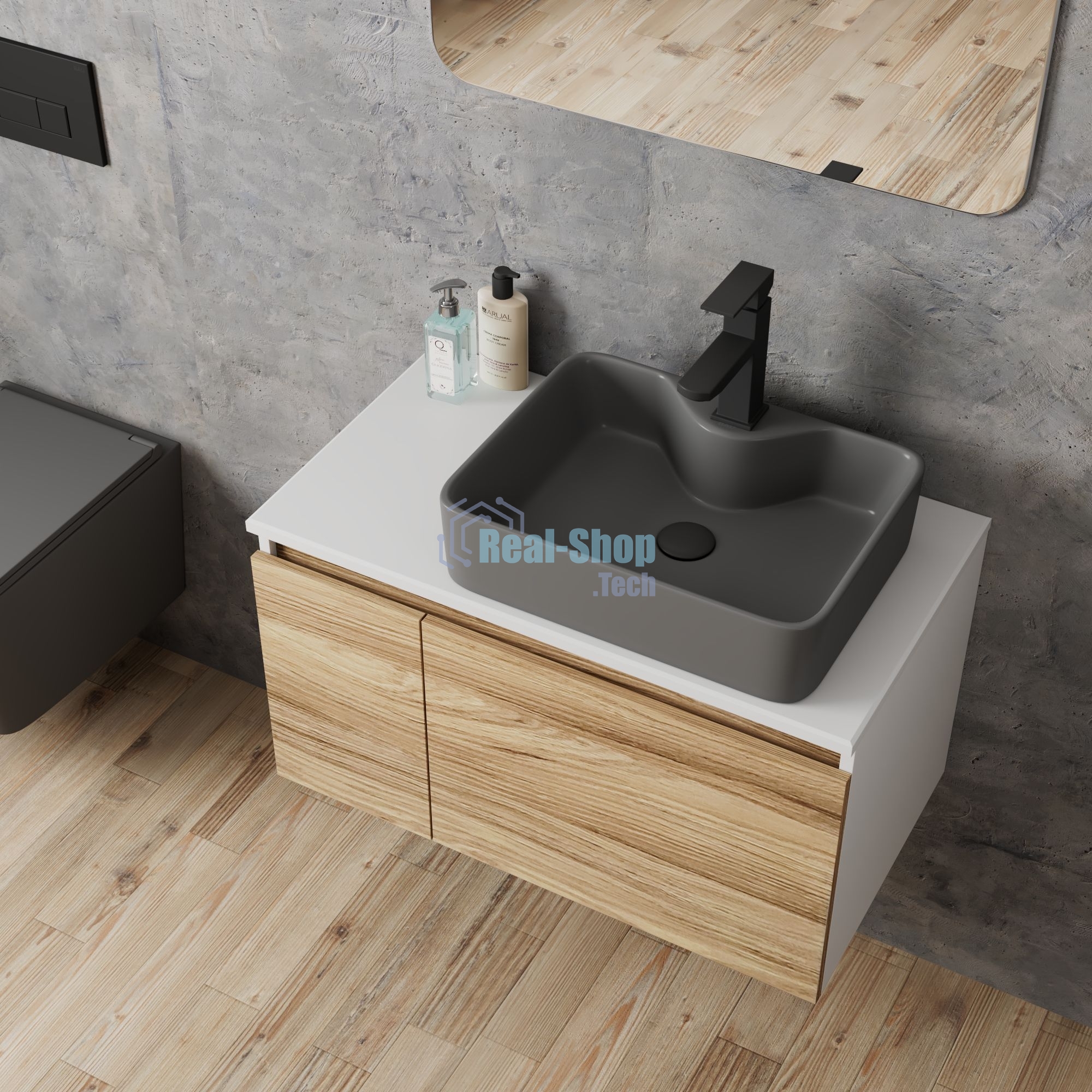 Комплект: тумба Bau Dream Blackwood 80, раковина BAU Cerama 48х37, темно-серая, смеситель Hotel Black, черный матовый, выпуск клик клак черный
