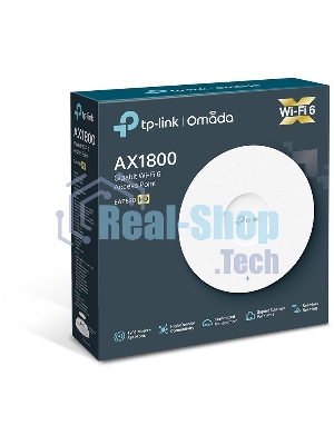 Точка доступа TP-Link 11AX dual-band ceiling access point, up to 1200 Mbit/s at 5 GHz and up to 574 Mbit/s at 2.4 GHz, 1 10/100/1000Mbps LAN port, support PoE 802.3at standard, support BSS coloring, Seamless Roaming, Mesh, Band Steering, Airtime Fairness, MU-MIMO, ma