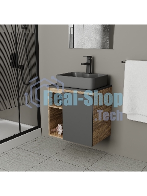 Тумба Bau Dream Blackwood 60 правая, графит, раковина BAU Cerama 48х37 темно-серая матовая, смеситель Hotel Black, черный