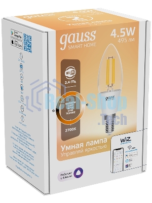 Лампа светодиодная филаментная Gauss Smart Home DIM E14 C35 4,5 Вт 1/10/40