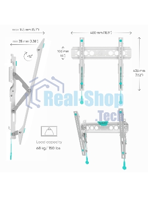 Кронштейн ONKRON TM5W/32-65'' макс 400*400 наклон +12º от стены: 35-145мм, макс вес 68,2кг, встр уровень, белый
