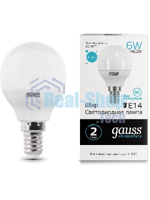 Лампа светодиодная Gauss Elementary 6Вт цок.: E14 шар 220B 4100K св. свеч. бел. ней. (упак.: 10 шт)