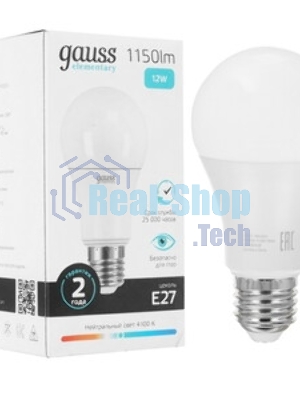 Лампа светодиодная Gauss Elementary 12Вт цок.:E27 груша 220B 3000K св.свеч.бел.теп. A60 (упак.:10шт)