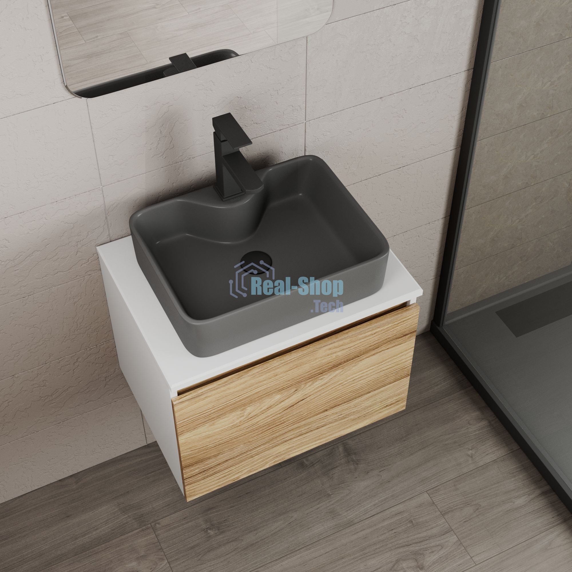 Комплект: тумба Bau Dream Blackwood 60, 1 ящик, раковина BAU Cerama 48х37, темно-серая, смеситель Hotel Black, черный матовый, выпуск клик клак черный
