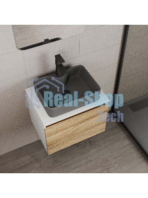 Комплект: тумба Bau Dream Blackwood 60, 1 ящик, раковина BAU Cerama 48х37, темно-серая, смеситель Hotel Black, черный матовый, выпуск клик клак черный