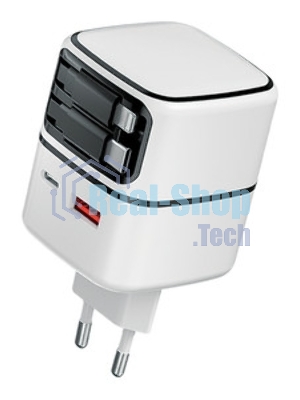 Сетевое зарядное устройство Qumo Energy PD 35Вт (Charger 0093), USB-A QC4+USB-C PD+(USB-C PD+USB 8Pin встр,кабель), белая