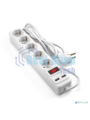 Сетевой фильтр-удлинитель с USB зарядкой ExeGate SP-5-USB-1.8W (5 евророзеток с заземлением, 2 USB-A 2A, 1.8 м, защита от перегрузки, выключатель с подсветкой, белый)