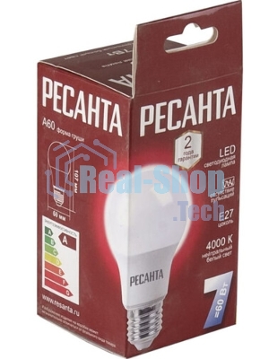 Лампа светодиодная Ресанта LL-R-A60-7W-230-4K-E27 груша, 7 Вт, нейтральный, Е27