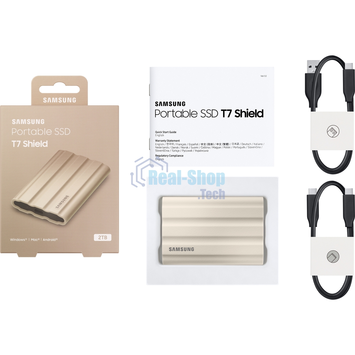 Внешний SSD Samsung T7 Shield, 2TB, USB 3.2 Gen 2 Type-C, R/W 1050/1000, бежевый