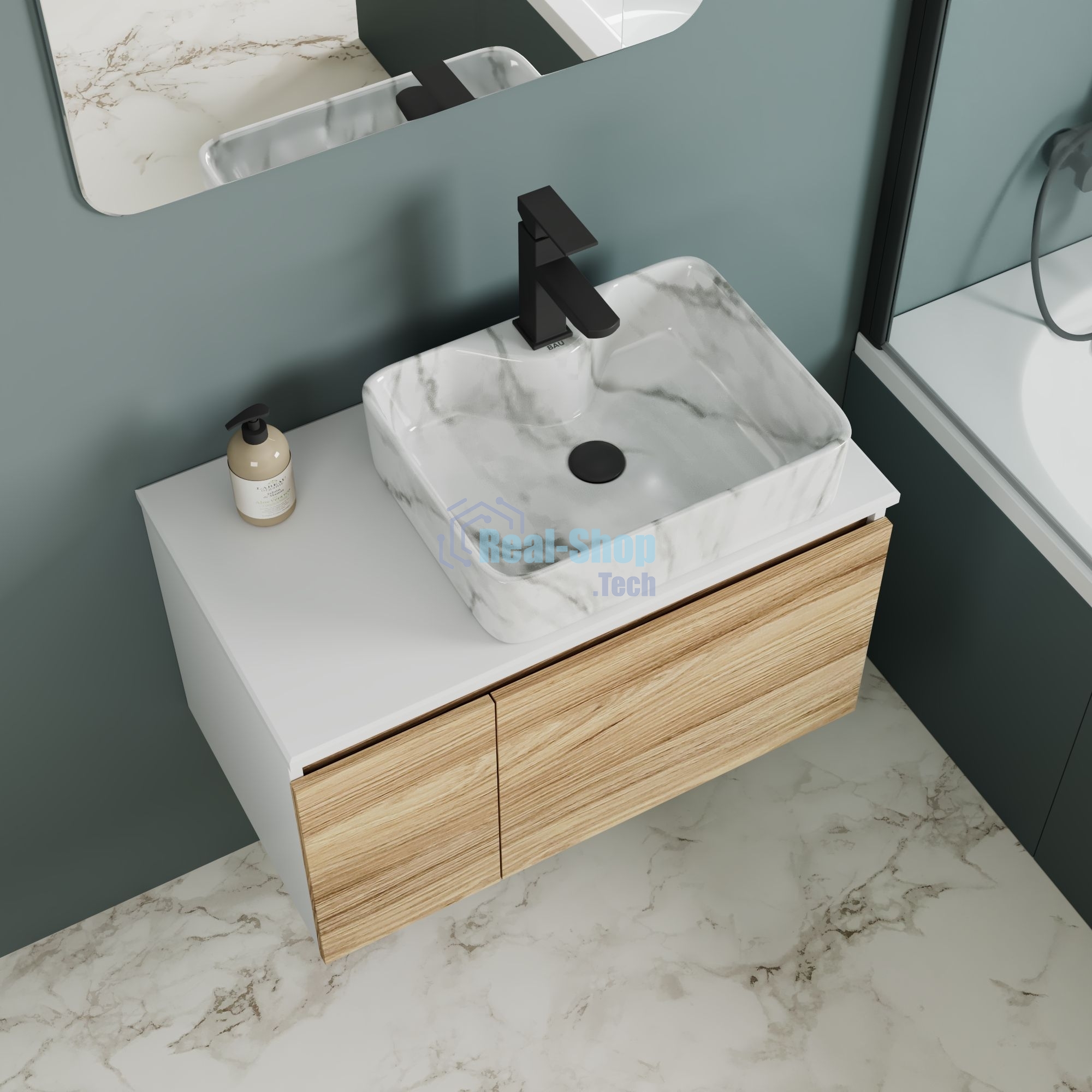 Комплект: тумба Bau Dream Blackwood 80, раковина прямоугольная BAU Cerama 48х37, мрамор, смеситель Hotel Black, черный матовый, выпуск клик клак черный