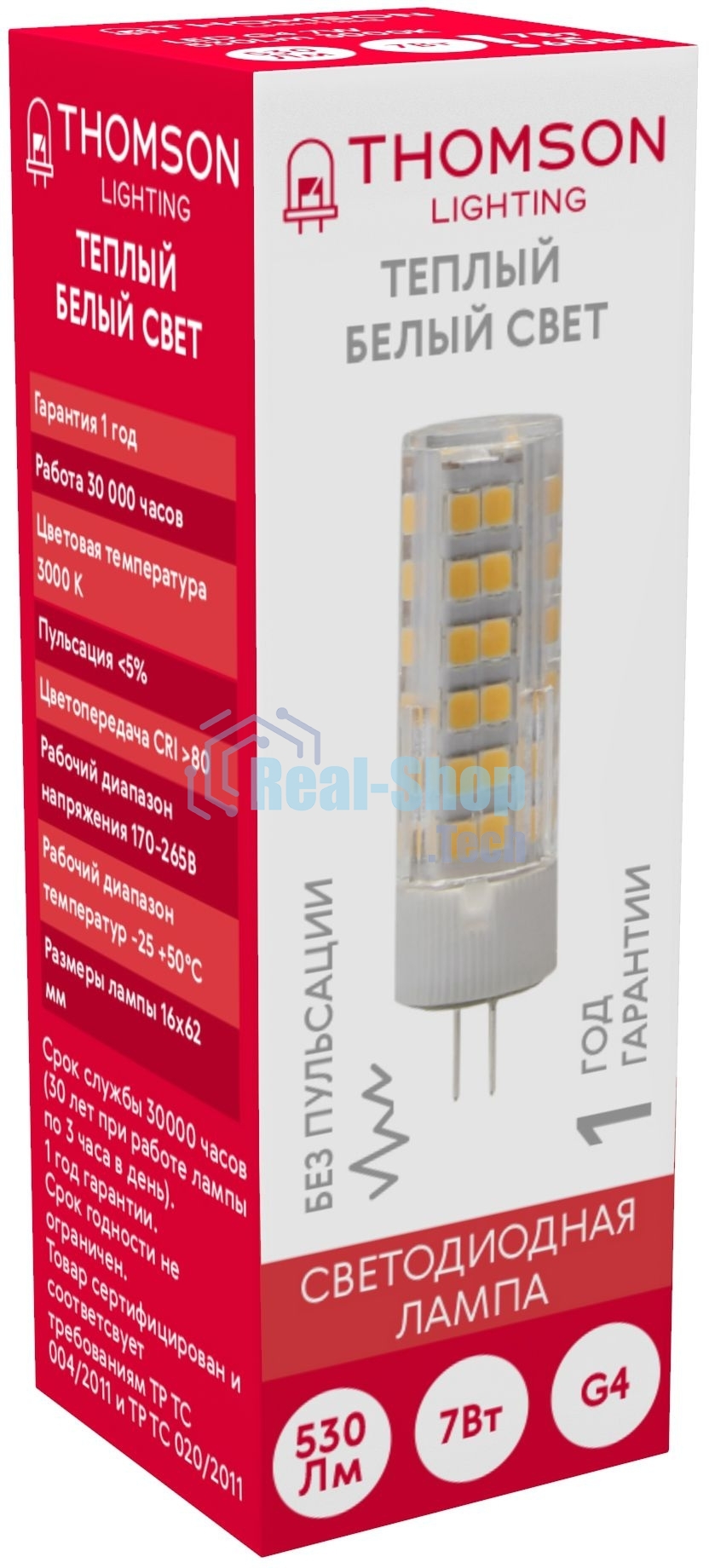 Лампа светодиодная Thomson TH-B4232 7Вт цок.: G4 капсул. 220B 3000K св. свеч. бел. теп. (упак.: 1 шт)