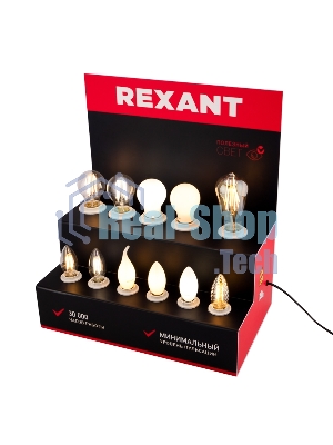 Демо-тестер Rexant акриловый для ФИЛАМЕНТА (AC 220V с шнуром питания 1.2 метра, с выключателем на корпусе, цоколи E14 x 6 шт.)