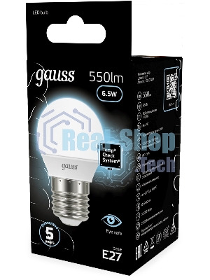 Лампа светодиодная Gauss 6.5Вт цок.: E27 шар 220B св. свеч. бел. нейт. P45 (упак.: 10 шт)