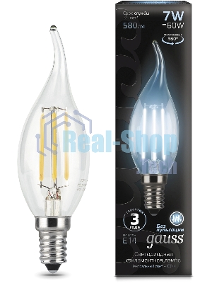 Лампа светодиодная Gauss LED Filament Свеча на ветру E14 7W 580lm 4100К 1/10/50