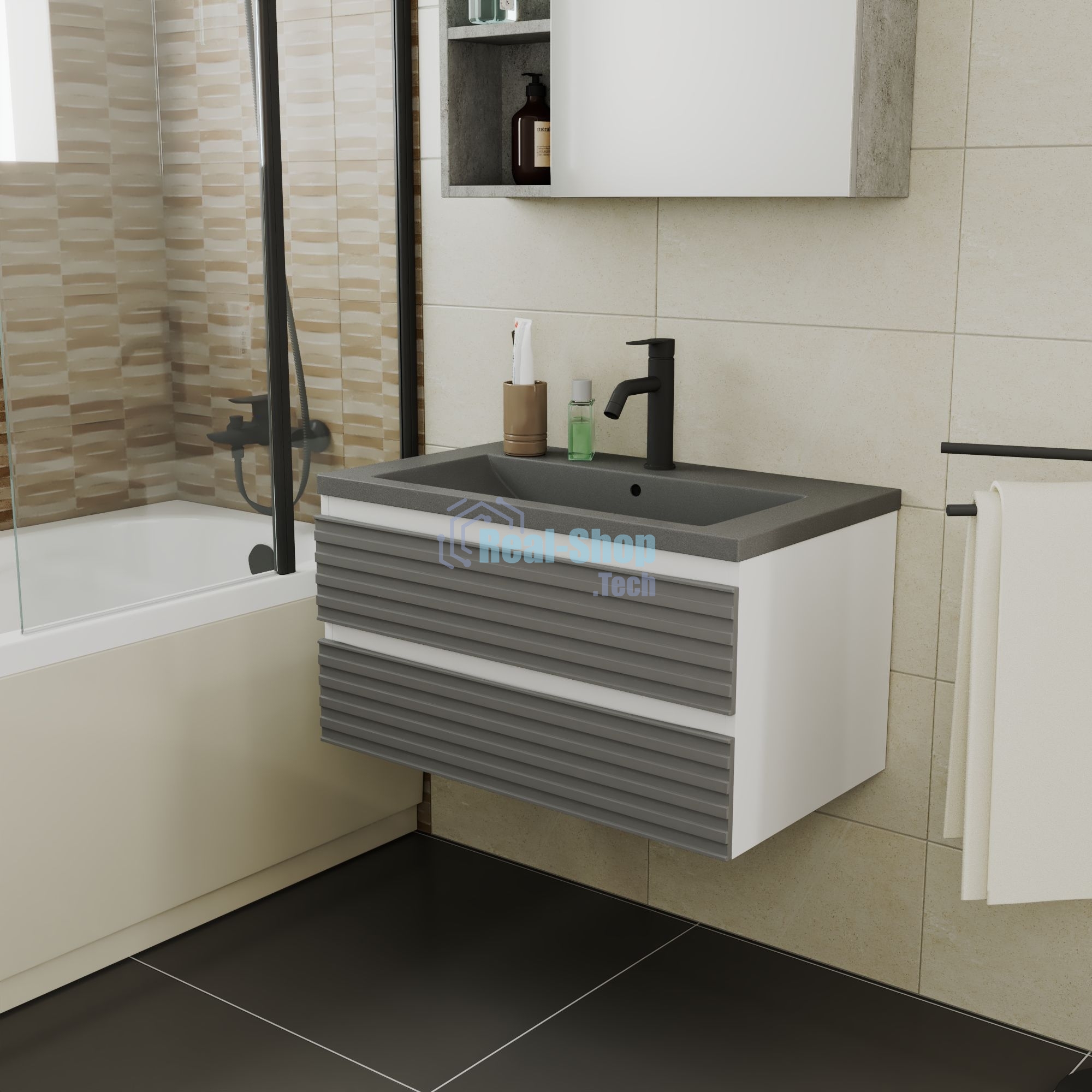 Тумба под раковину Bau Stil Loft grey brushed, раковина кварцевая BAU Stil 75, серый металлик