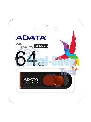 Флешка USB ADATA С008 (AC008-64G-RKD), 64Gb, USB 2.0, R/W 15/5, черный/красный