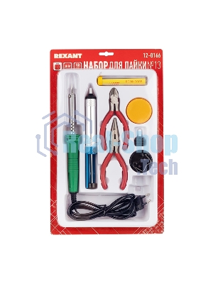 Набор для пайки Rexant №13 (паяльник 30Вт, подставка, канифоль, припой, бокорезы, тонкогубцы)