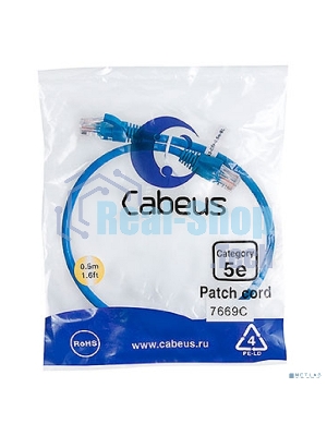 Шнур комм. Cabeus, кат. 5е, неэкр., U/UTP, RJ45/RJ45, PVC, AWG24, 0.5м, синий
