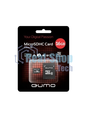 Флеш карта QUMO MicroSDHC 16Gb Сlass 10, адаптер в комплекте SD, черно-красная картонная упаковка