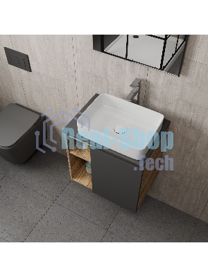 Тумба Bau Dream Blackwood 60 правая, графит, раковина BAU Hotel 48х37, смеситель для раковины высокий Hotel Still, нержавеющая сталь, выпуск клик клак, белый