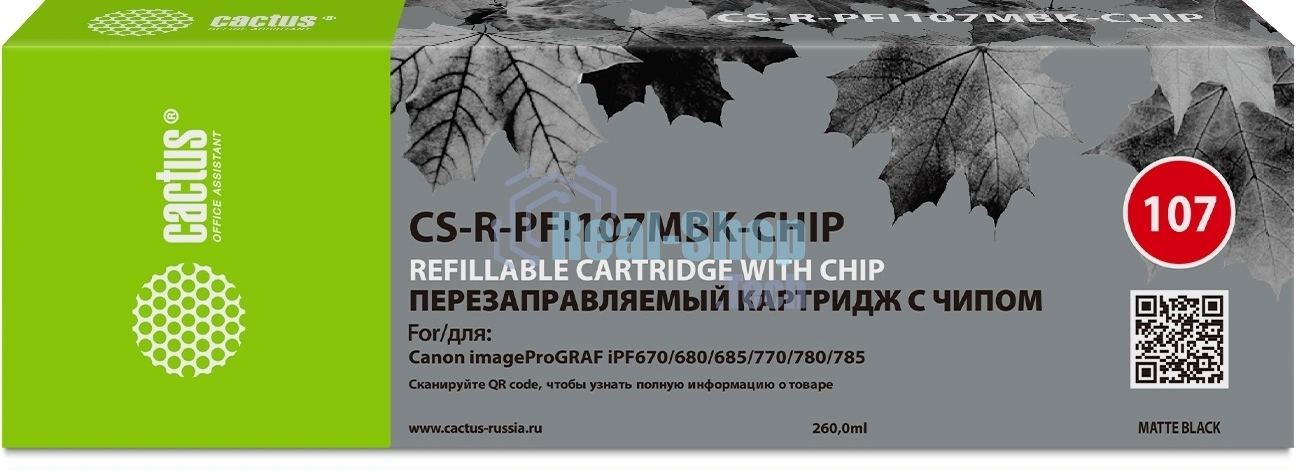 Картридж перезаправляемый струйный Cactus CS-R-PFI107MBK-CHIP (260мл) для Canon imageProGRAF iPF670/680/685/770/780/785 с чипом