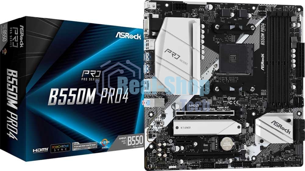 Материнская плата ASRock B550M Pro4, AM4, AMD B550, 4xDDR4, 6xSATA, 2xM.2, 1xPCI-E 3.0 x16, 1xPCI-E 4.0 x16, 1xDisplayPort, 1xHDMI, 1xVGA, 1x 1Gb LAN, 3x3.5 мм, 7.1, Micro-ATX