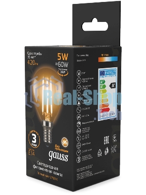 Лампа светодиодная филаментная Gauss Filament 5Вт цок.: E14 свеча 220B св. свеч. бел. теп. (упак.: 10 шт)