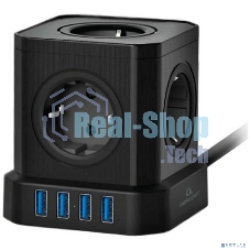 Сетевой фильтр Cablexpert Tower, TWR-5-U4-B-3, 5 р, 10А, 4хUSB, 3.1А, 3 м, ур.защиты 4+, черный, коробка