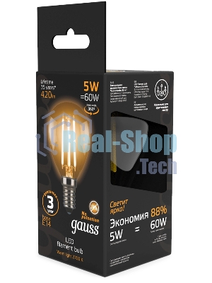 Лампа светодиодная филаментная Gauss Filament 5Вт цок.: E14 свеча 220B св. свеч. бел. теп. (упак.: 10 шт)